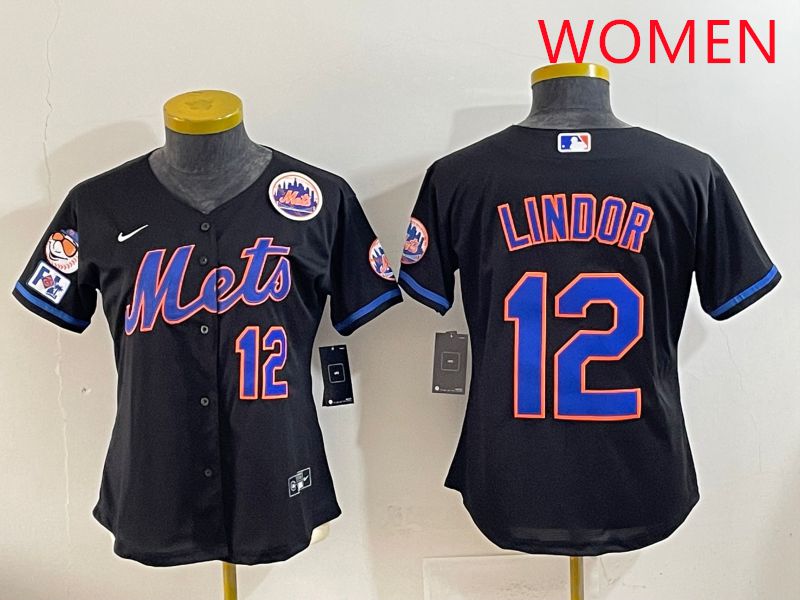 Women 2025 New York Mets 12 Lindor Black Game Nike MLB Jersey style 4